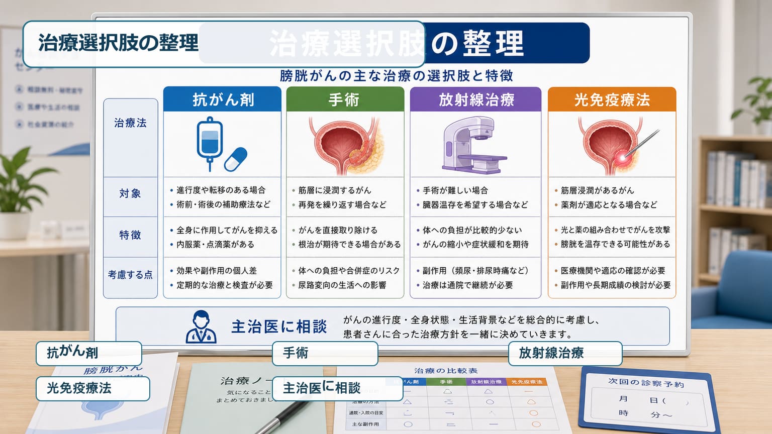 膀胱がんの治療選択肢として抗がん剤や手術や放射線治療や光免疫療法を比較する画像