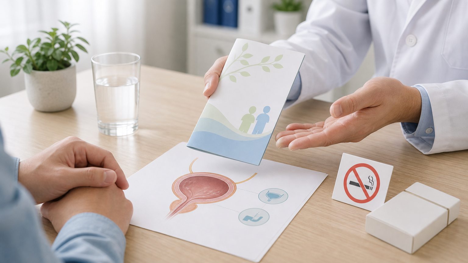 膀胱がんの原因やリスク要因を医療資料で整理する診察室の様子