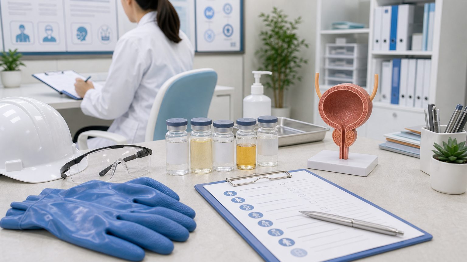 職業性曝露など膀胱がんのリスクを安全管理資料で確認する場面