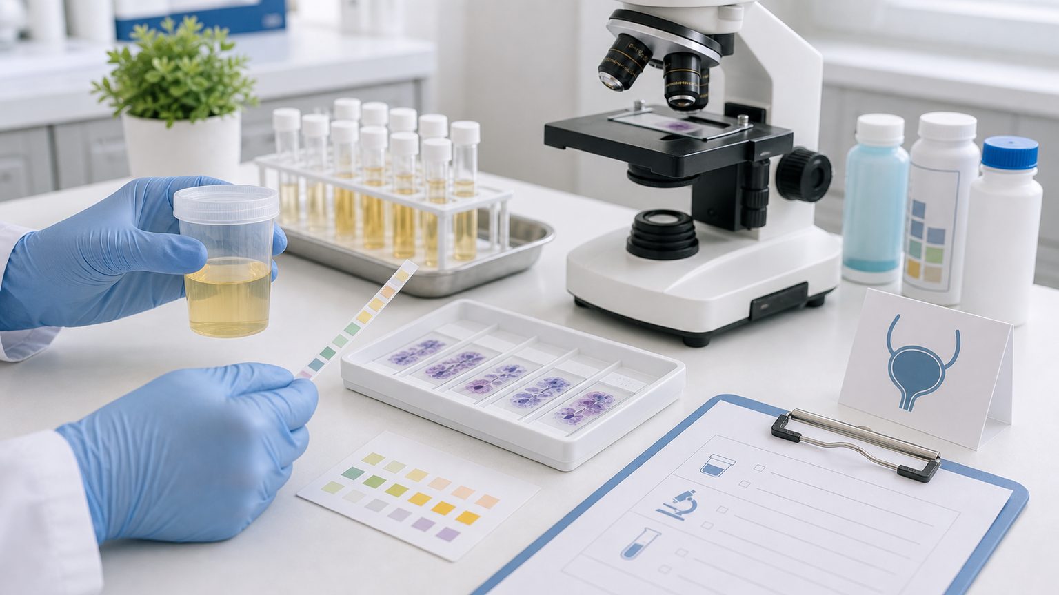 尿検査と尿細胞診で膀胱がんの可能性を確認する検査室