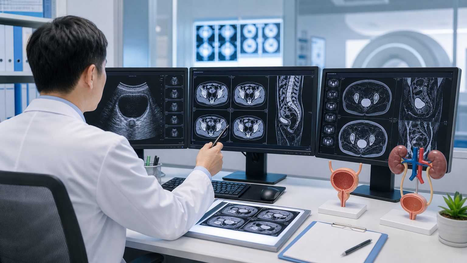 膀胱がんの画像検査でCTやMRIを確認する放射線診断室