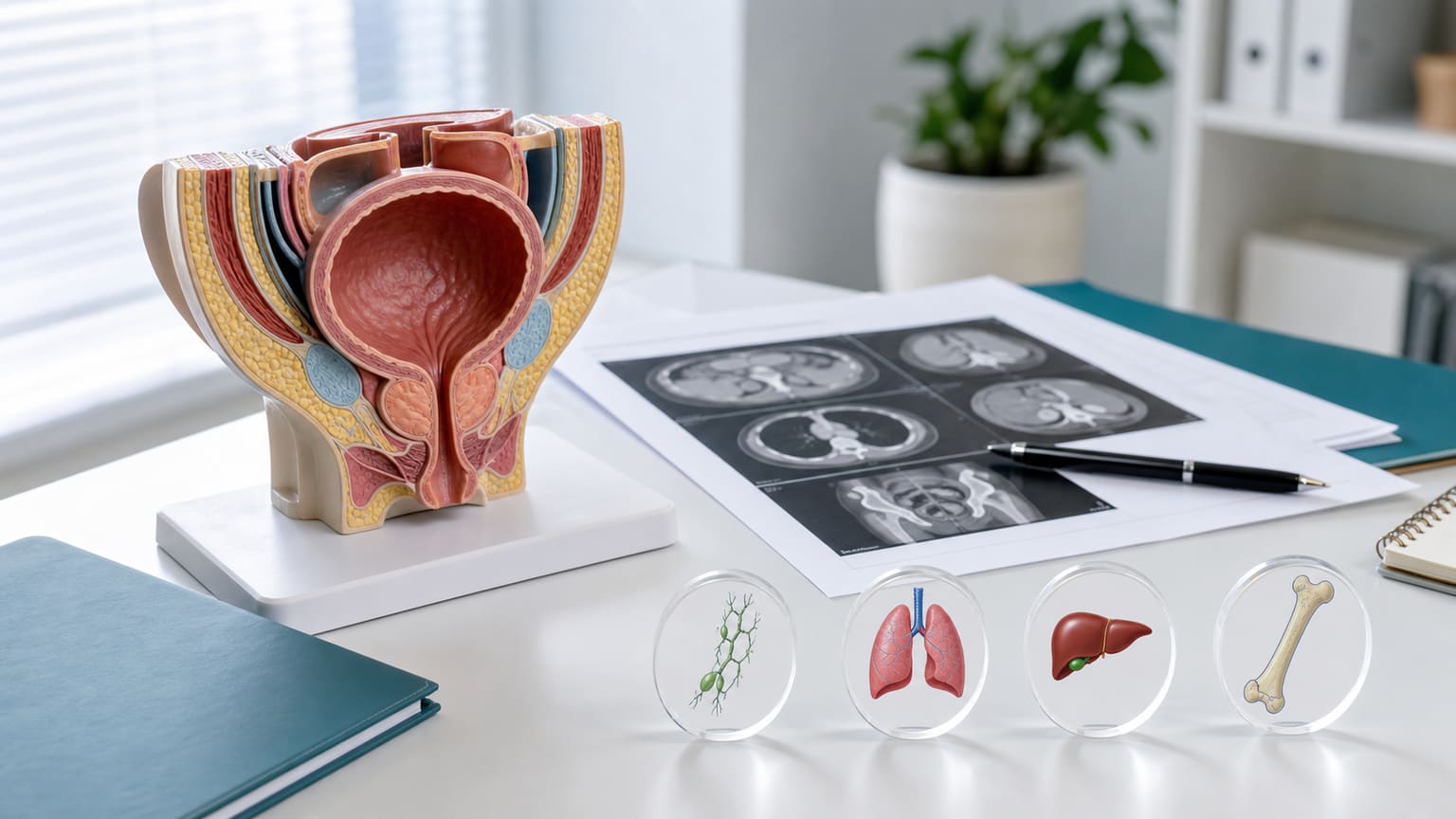 膀胱がんの転移について骨盤模型と検査資料で整理する医療イメージ