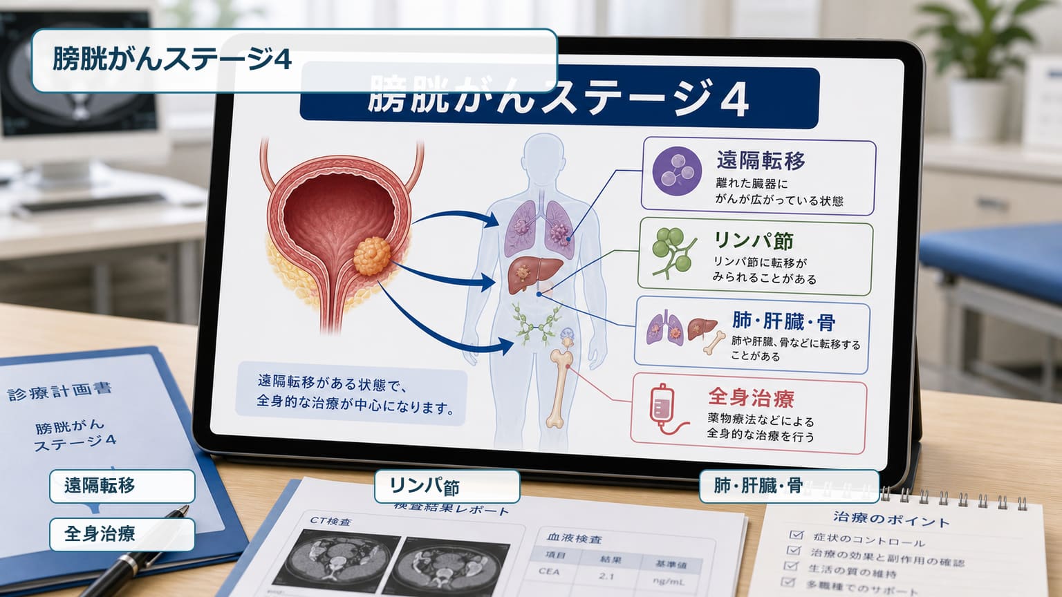 膀胱がんステージ4で遠隔転移や全身治療を確認する医療画像