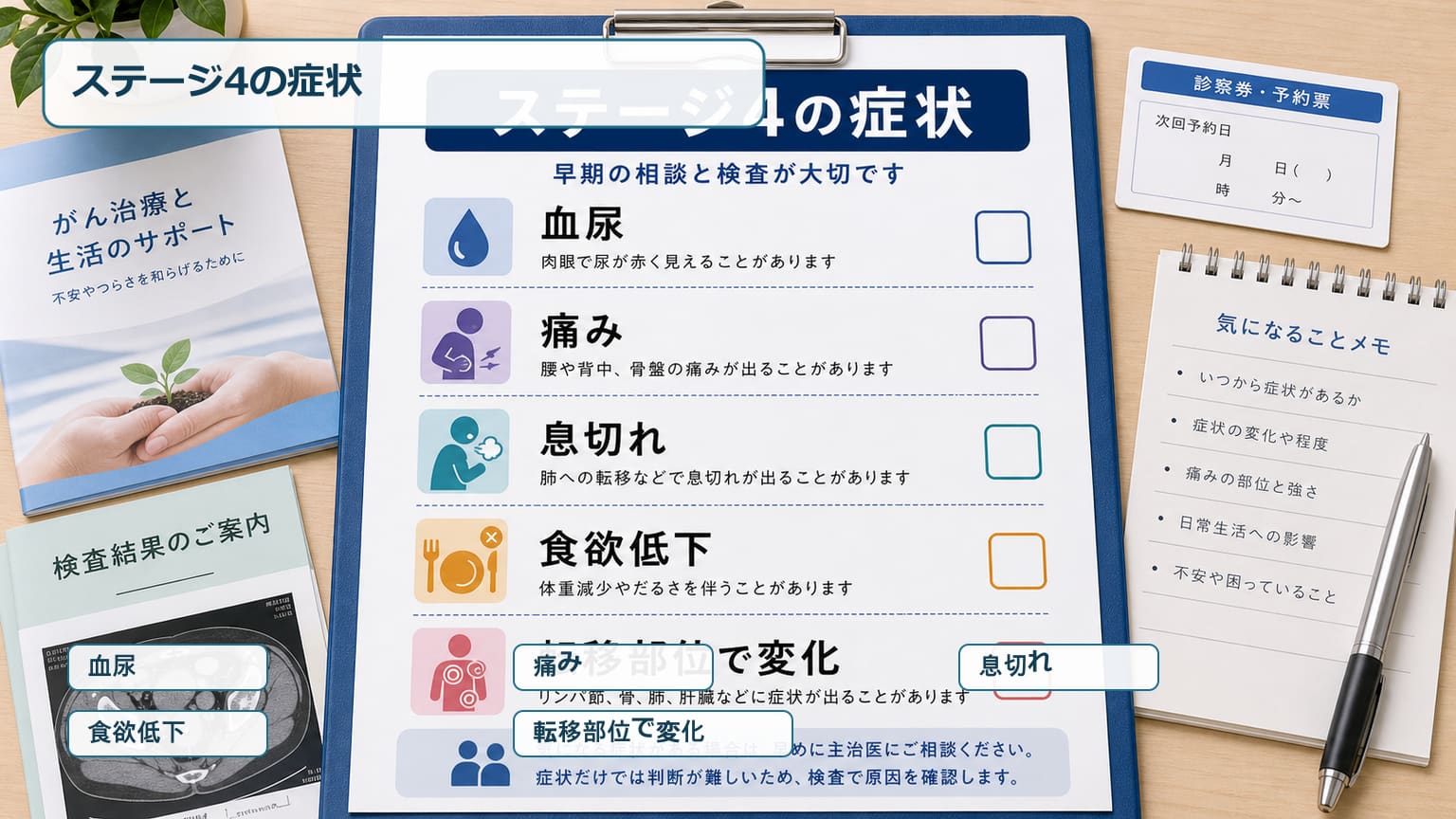膀胱がんステージ4の症状として血尿や痛みや息切れや食欲低下を整理した医療画像