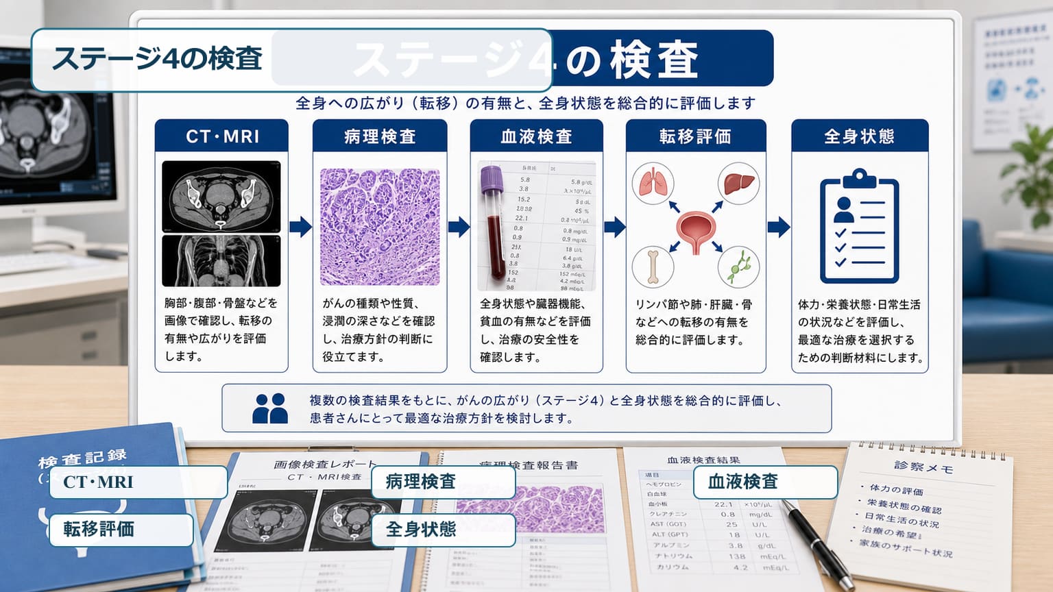 膀胱がんステージ4でCTやMRIや病理検査や血液検査により転移評価を行う画像
