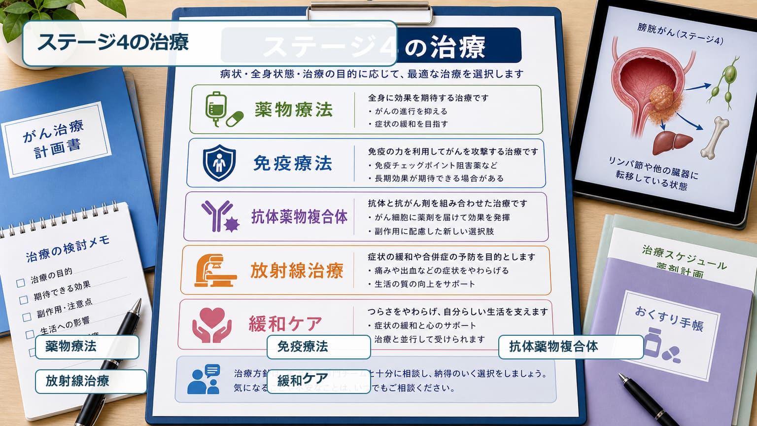 膀胱がんステージ4の治療として薬物療法や免疫療法や放射線治療や緩和ケアを示す画像