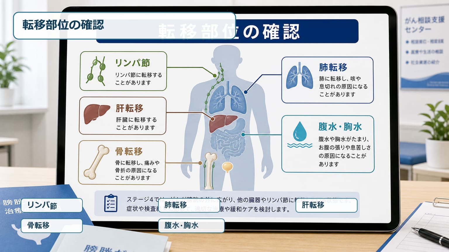 膀胱がんステージ4の転移部位としてリンパ節や肺や肝臓や骨や腹水胸水を示す画像