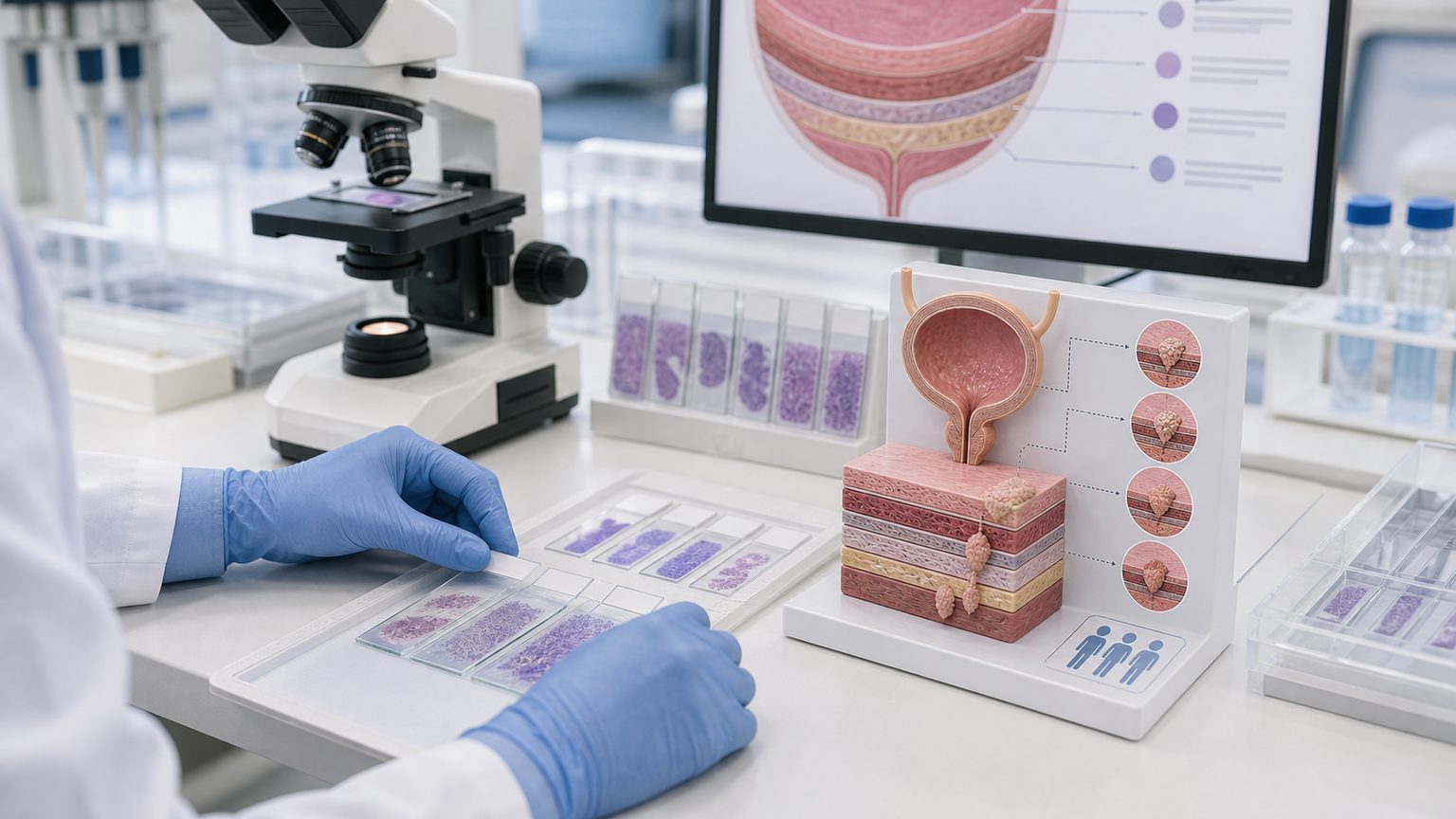 膀胱がんの病期を病理検査と膀胱壁の層で確認する検査室