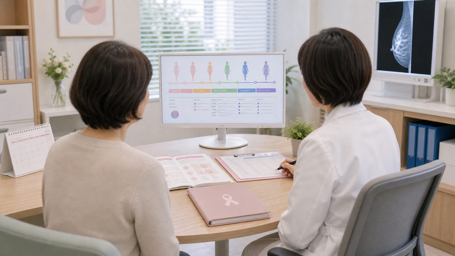 乳がんと年齢について診察室で検診目安を確認する医療相談画像
