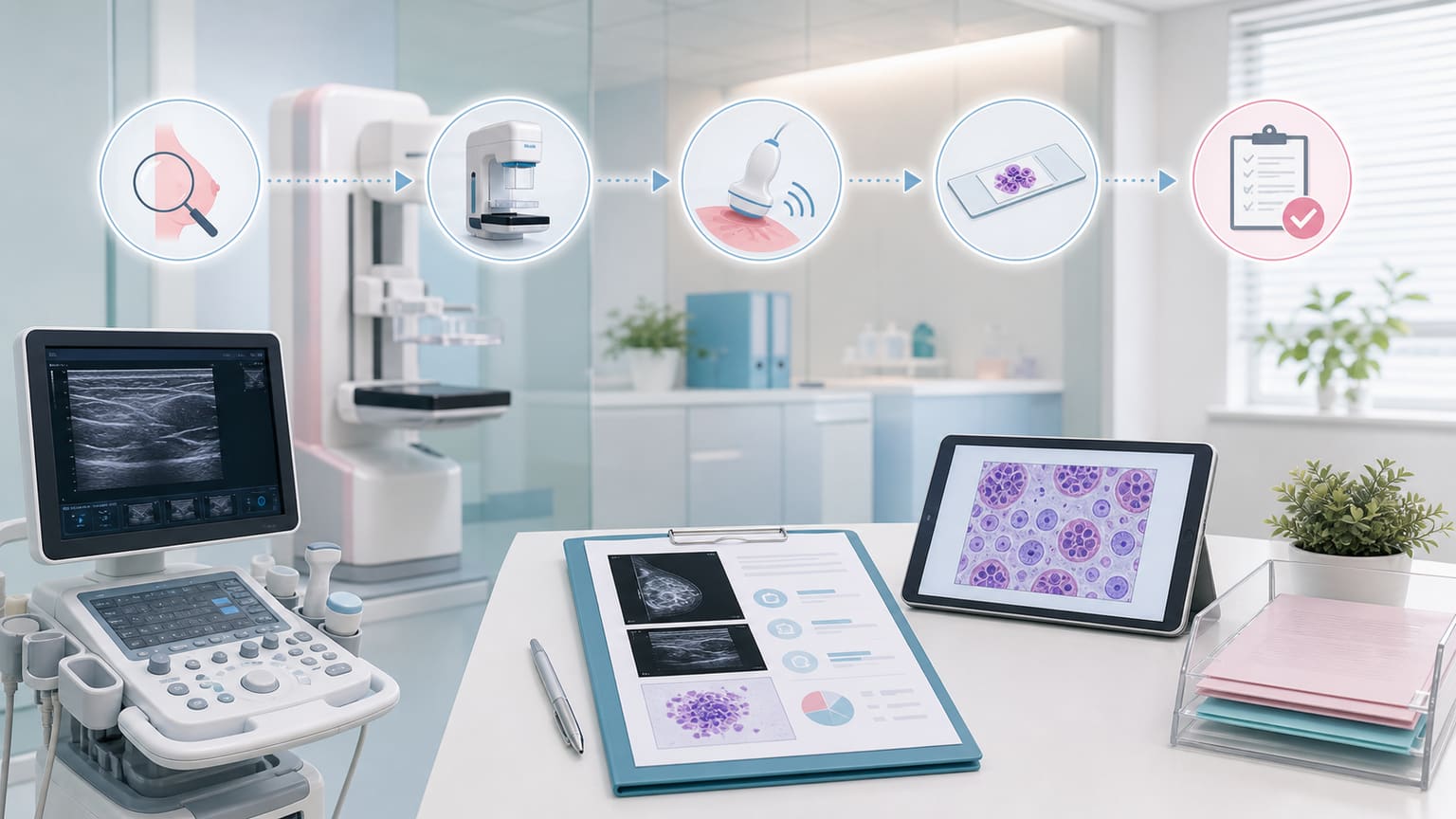 マンモグラフィや超音波など乳がん検査の流れを示す清潔な検査室の資料