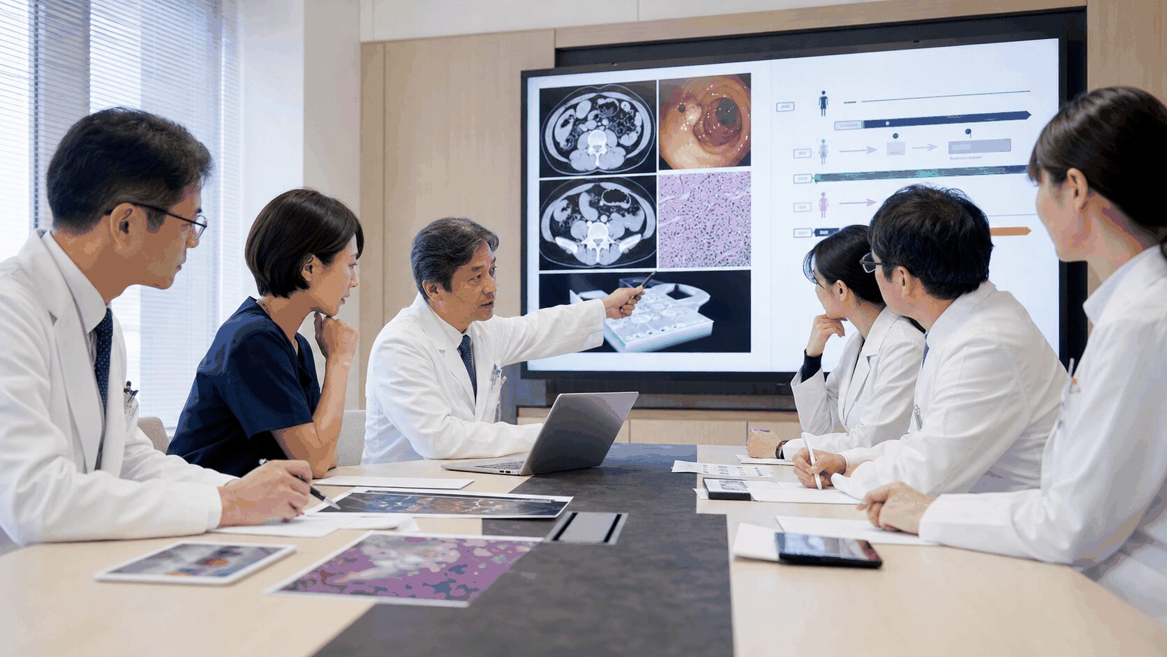 大腸がんの予後に関わる検査結果を検討する医療チーム