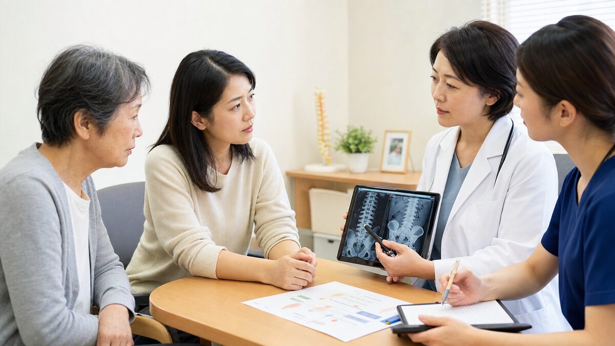大腸がんの骨転移について患者と家族が医療者へ相談する様子