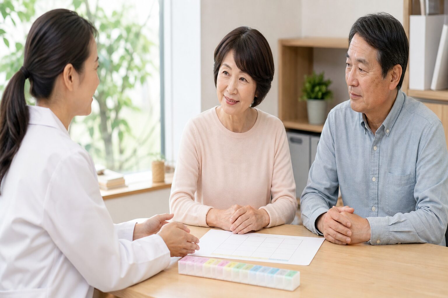 抗がん剤治療と日常生活の予定を薬剤師へ相談する患者と家族