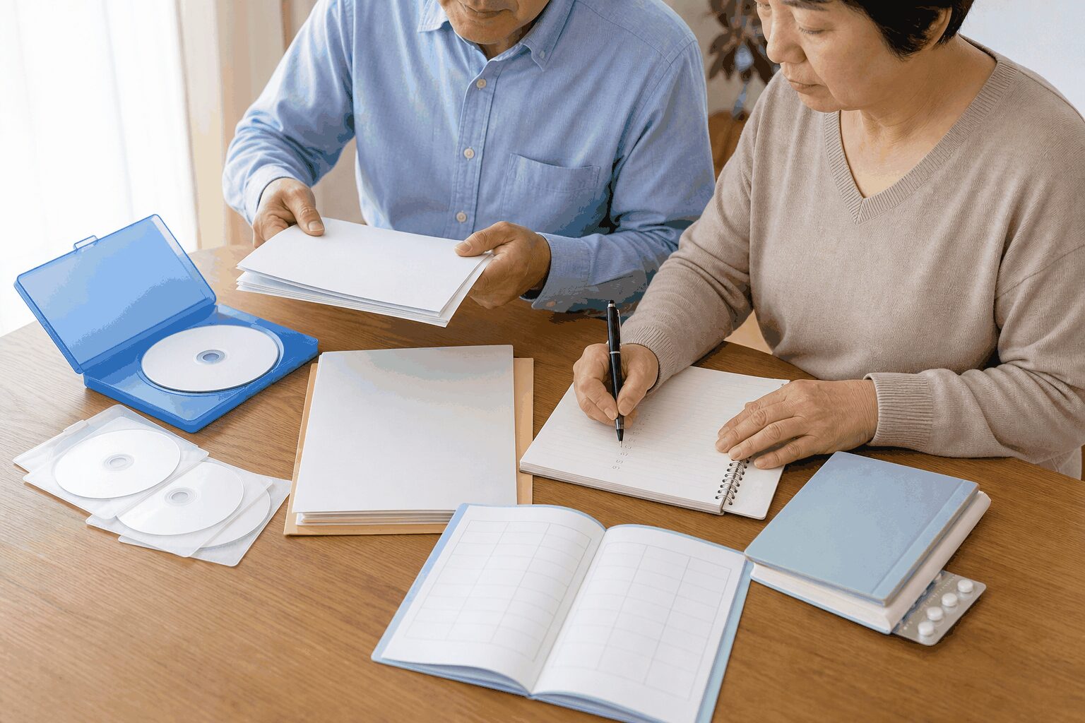 患者と家族が質問メモ・検査資料・薬の情報を整理する様子