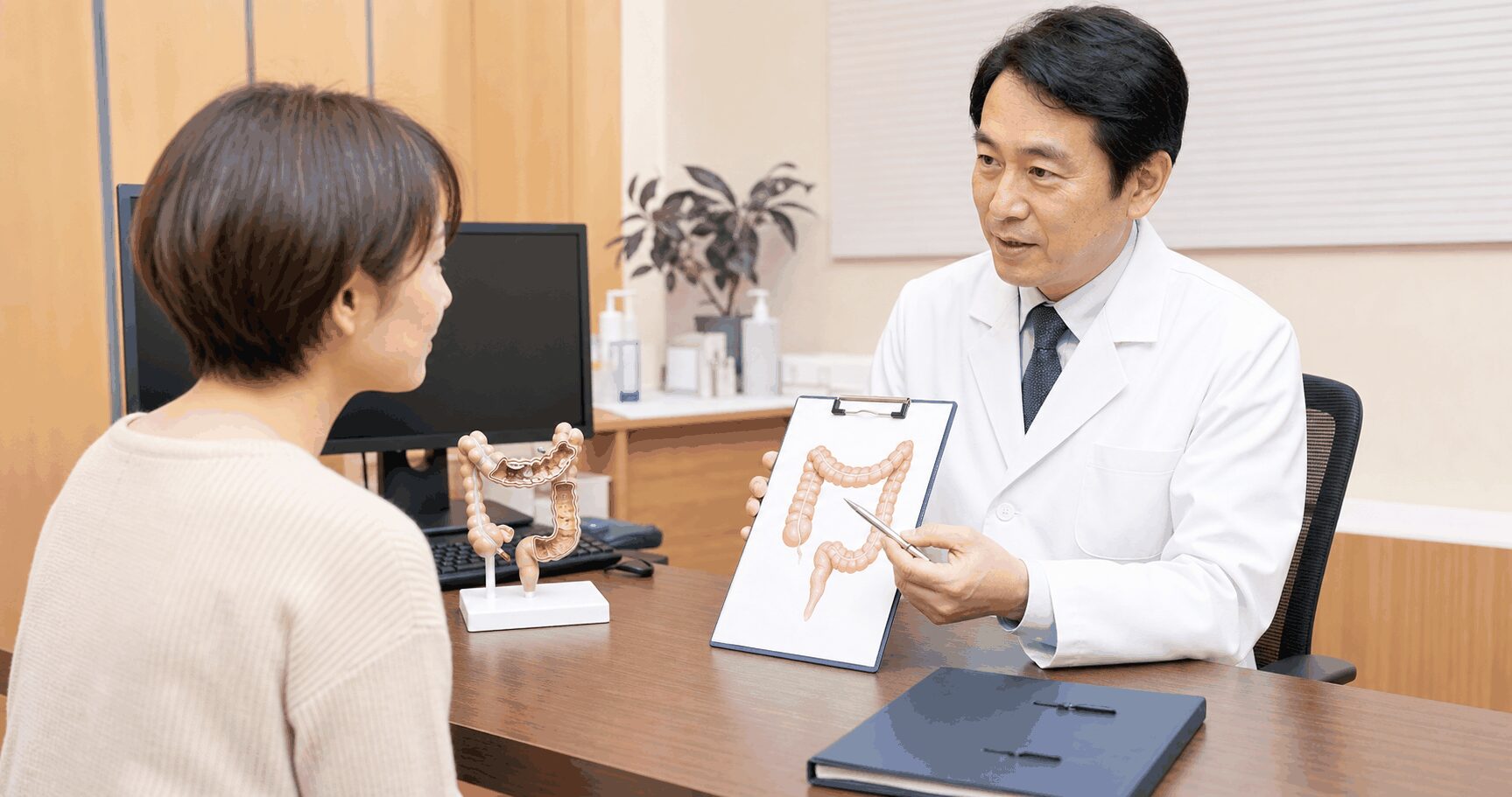 大腸がんの検査結果を医師から聞く患者様