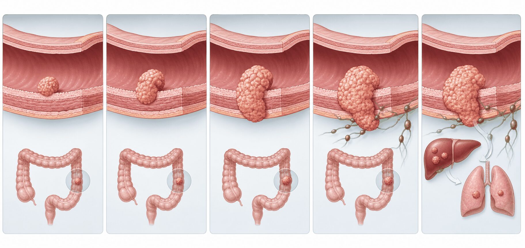 ステージ0からステージ4までの大腸がんの広がりを表す図