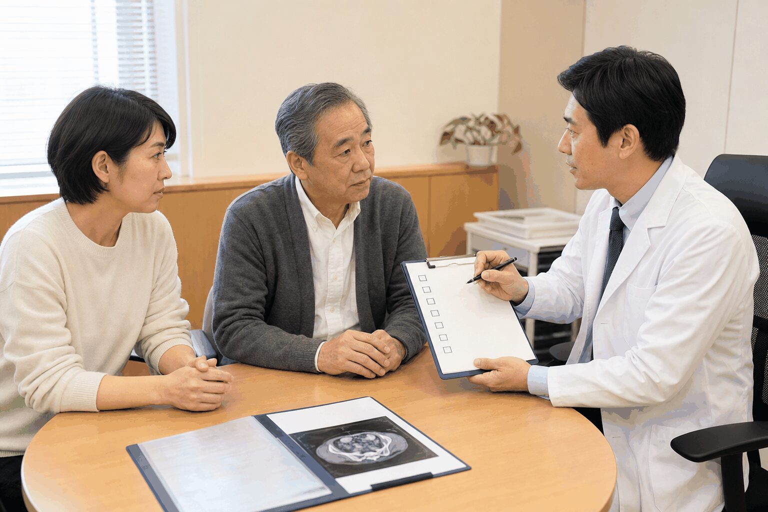 大腸がんのステージと治療方針を医師に確認する患者様とご家族