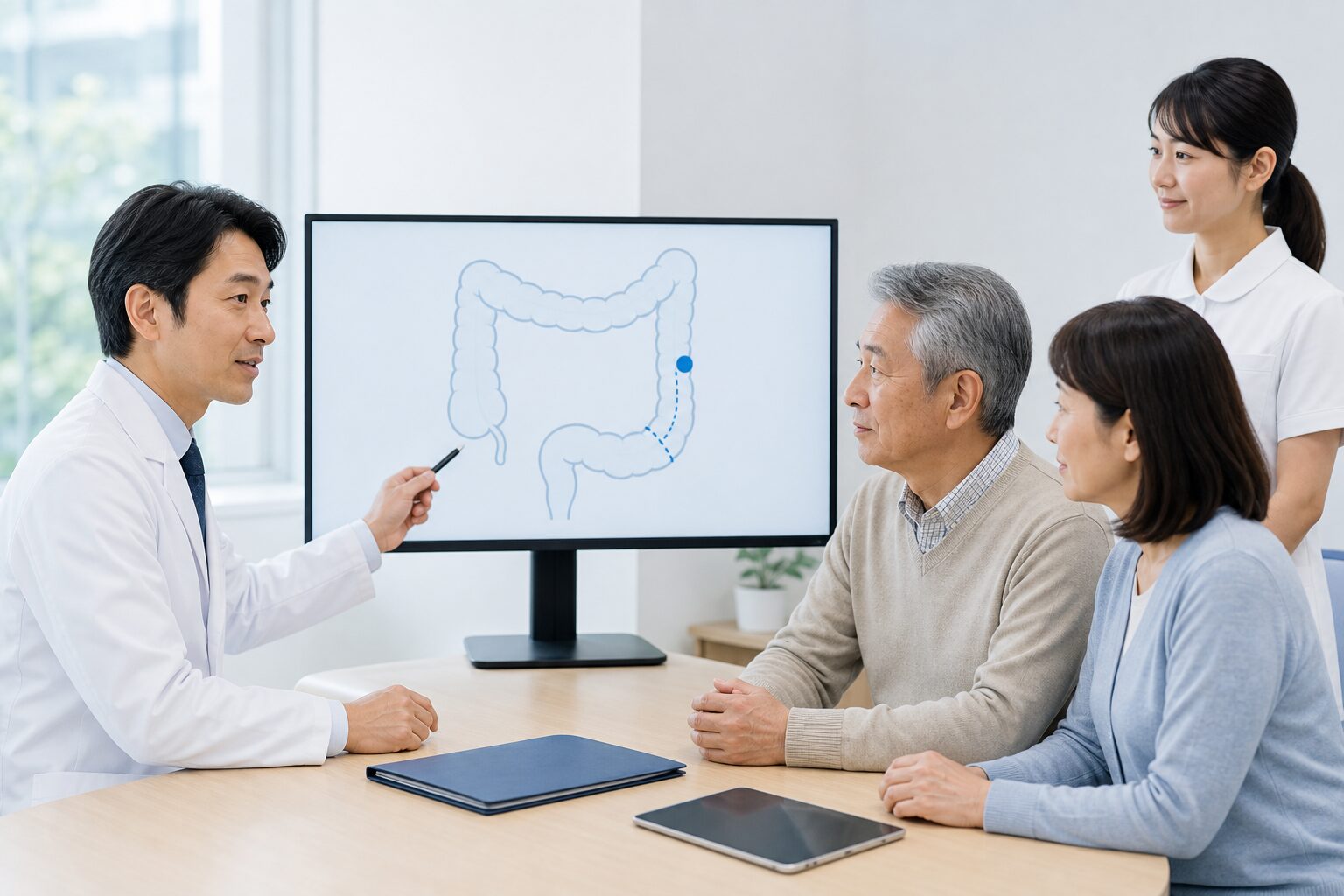 検査から大腸切除、腸管の再建、術後回復までの流れ