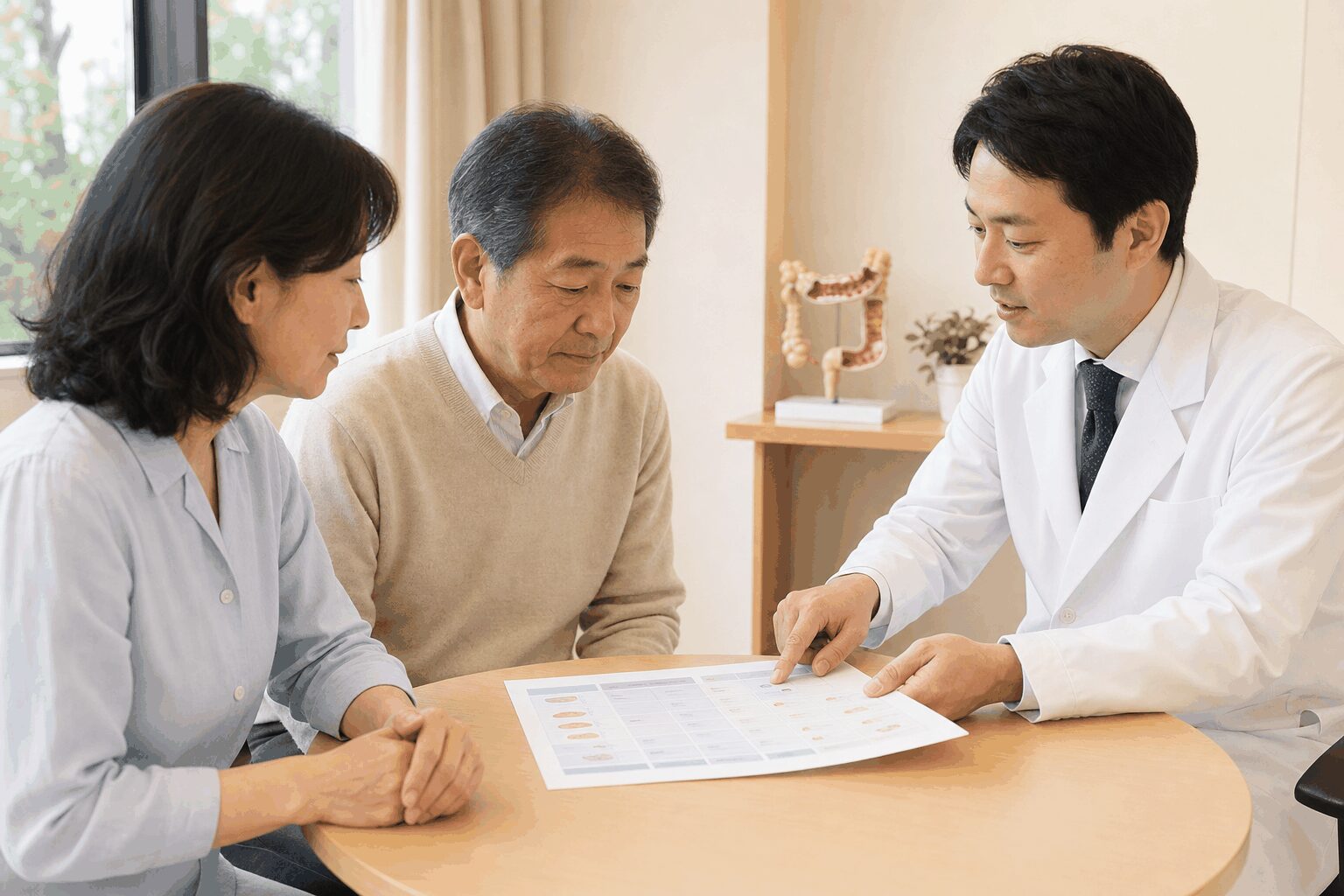 大腸がんの治療選択肢を医師と確認する患者様とご家族