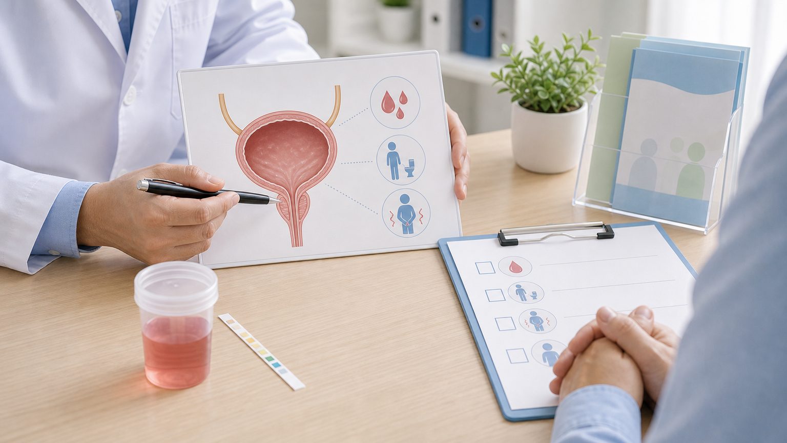 膀胱がんの初期症状として血尿や排尿変化を医師と確認する資料