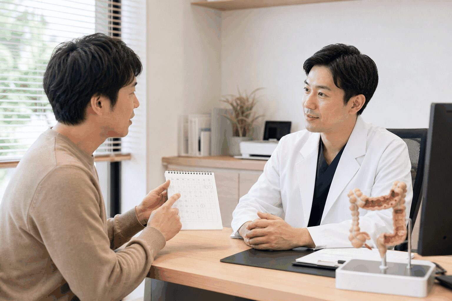 症状の記録を見ながら消化器内科で相談する患者様