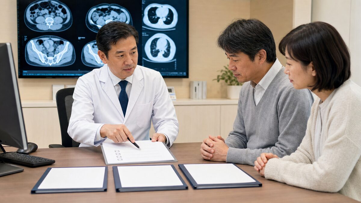 大腸がん患者と家族が画像検査や治療歴を医師と確認する様子