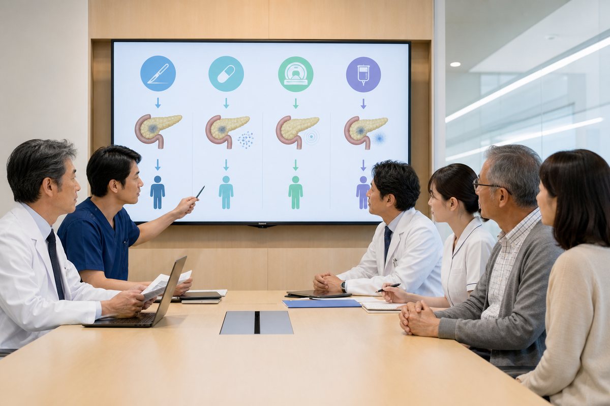 膵臓がんの標準治療と追加治療の検討順序を示す医療イメージ