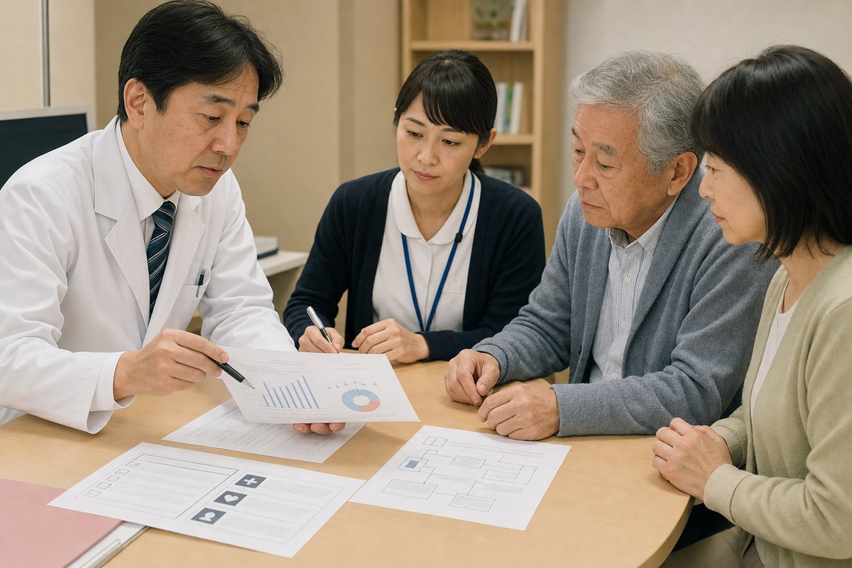 医師と患者が治療資料や費用、安全性を確認する日本の医療相談