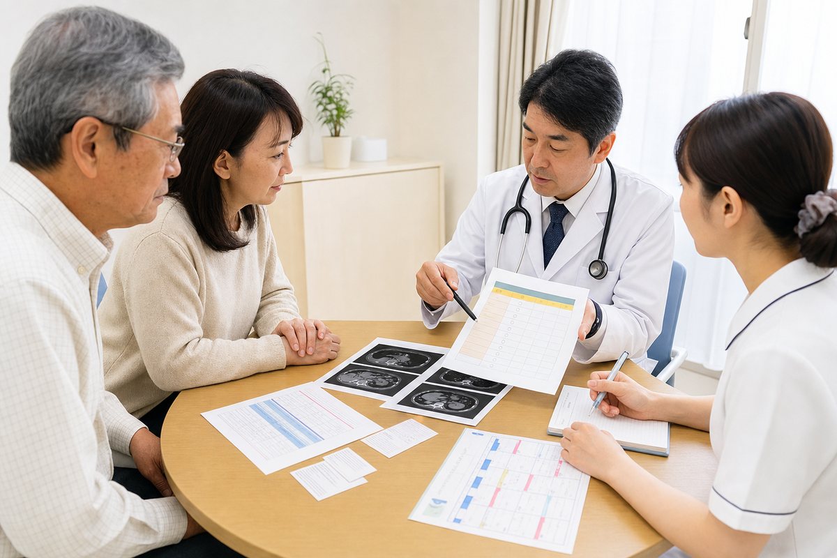 膵臓がんの追加治療について医療者へ相談する日本人患者と家族