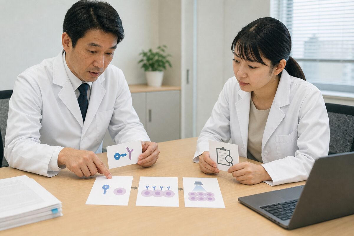 薬剤と光を組み合わせる光免疫療法の仕組みを示す医療図解