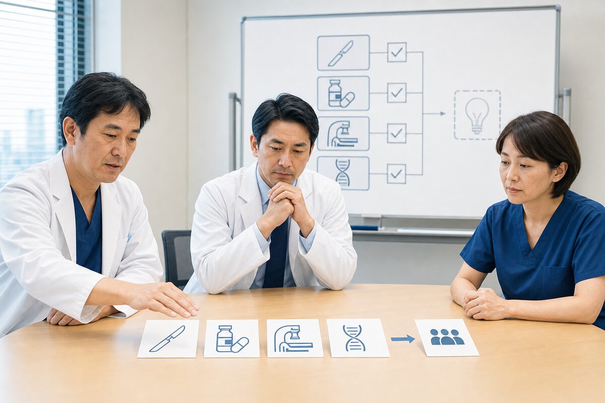 直腸がんの標準治療と光免疫療法の関係を医療チームで確認する画像