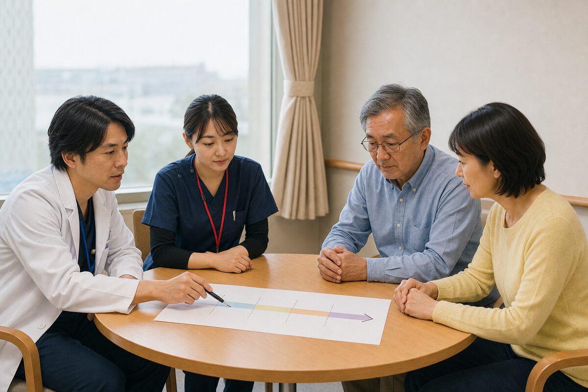 直腸がんの病状と今後の療養について話し合う医師と患者家族
