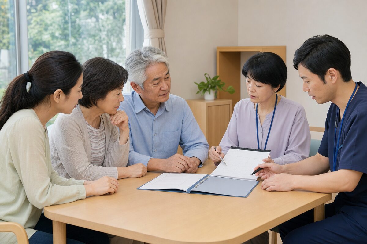 直腸がんの療養方針を患者家族と医療者が相談する様子