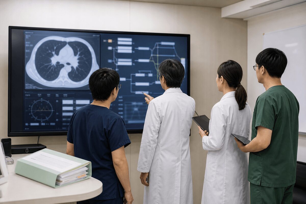 肺機能や全身状態を確認して肺がん治療を検討する医療イメージ