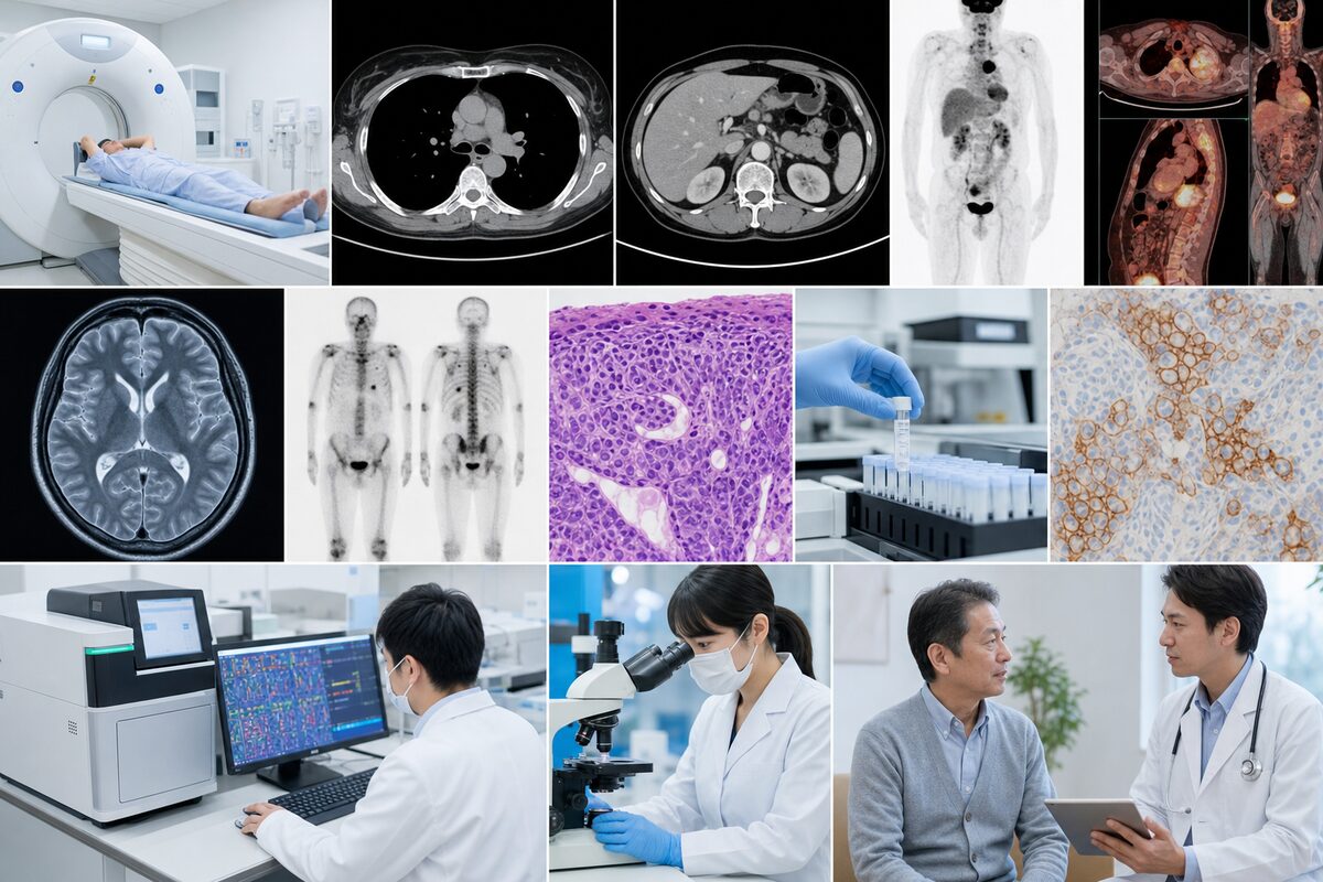 CT、PET-CT、脳MRI、骨画像、病理、遺伝子、PD-L1検査による肺がんステージ4の評価