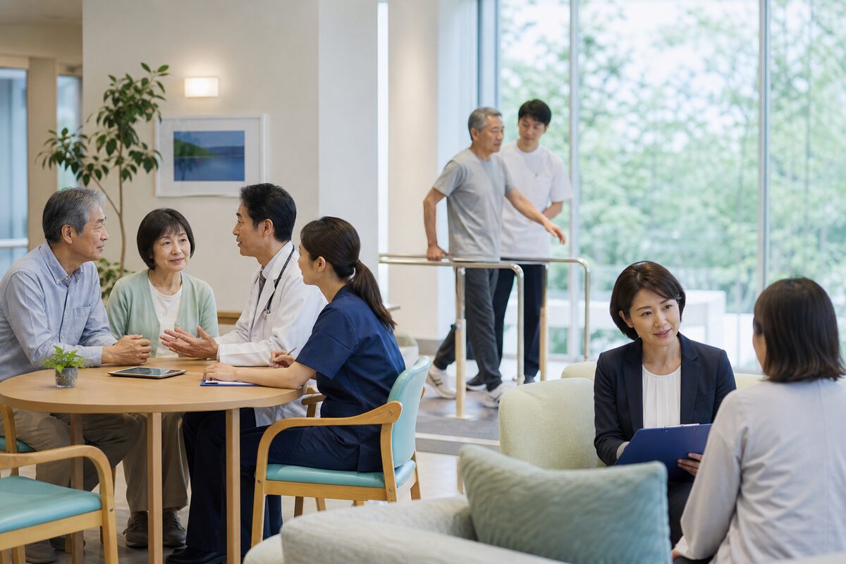 肺がんステージ4の患者と家族が医療者に相談し、運動や生活支援を受ける様子