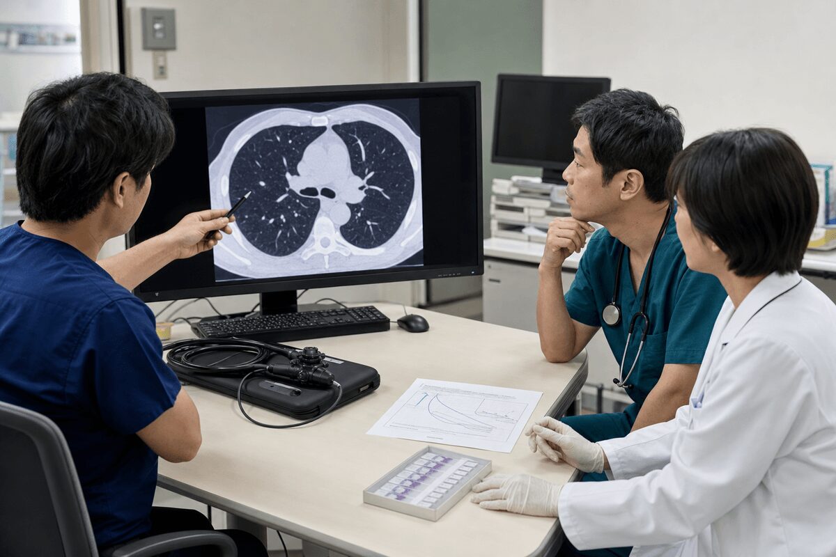 CT、PET、気管支鏡、病理検査、呼吸機能検査による肺がんステージ1の診断