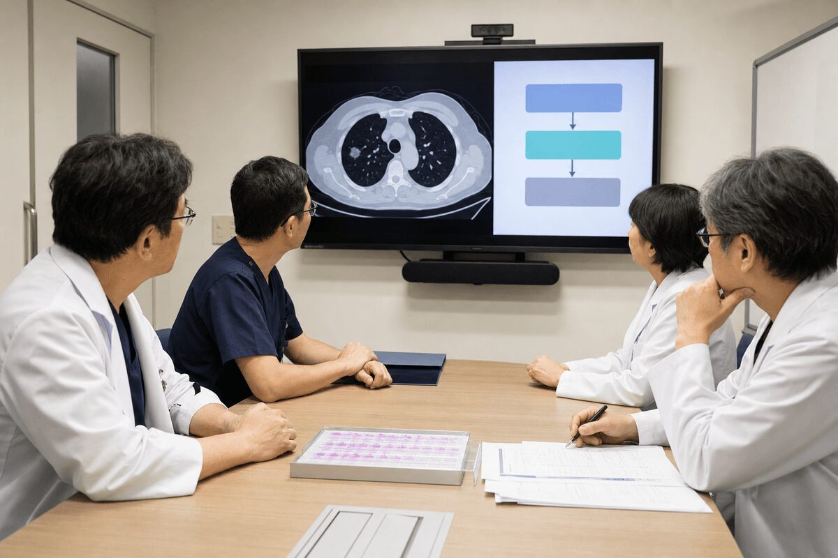 手術、定位放射線治療、病理結果に基づく追加治療を示す肺がんステージ1の治療選択