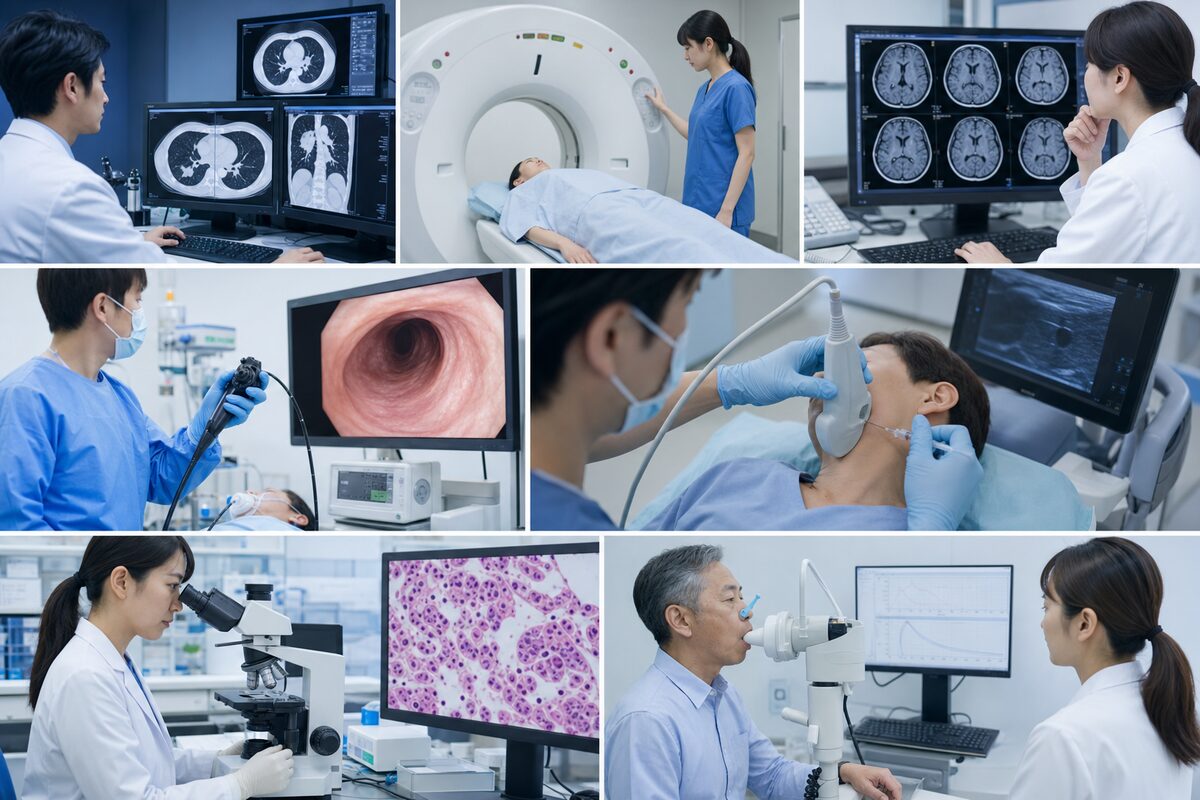 CT、PET-CT、脳MRI、気管支鏡、リンパ節生検、病理検査、呼吸機能検査