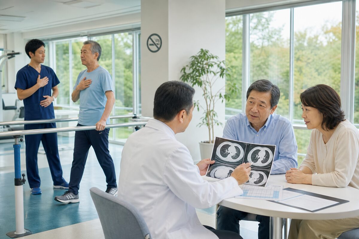 肺がんステージ2の治療後に呼吸リハビリと定期検査を受ける患者と家族