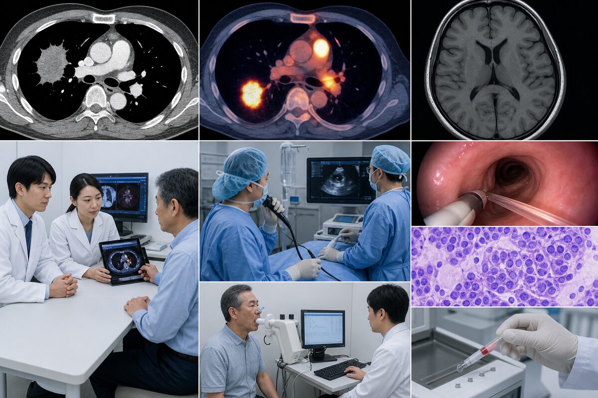 CT、PET-CT、脳MRI、超音波気管支鏡、病理検査、呼吸機能検査による肺がんステージ3の診断