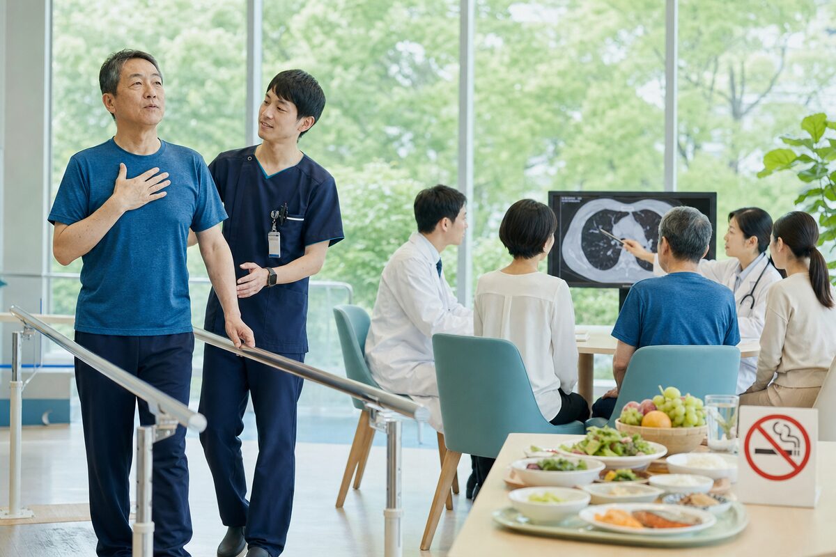 肺がんステージ3の治療中と治療後に呼吸リハビリ、栄養支援、経過観察を受ける患者