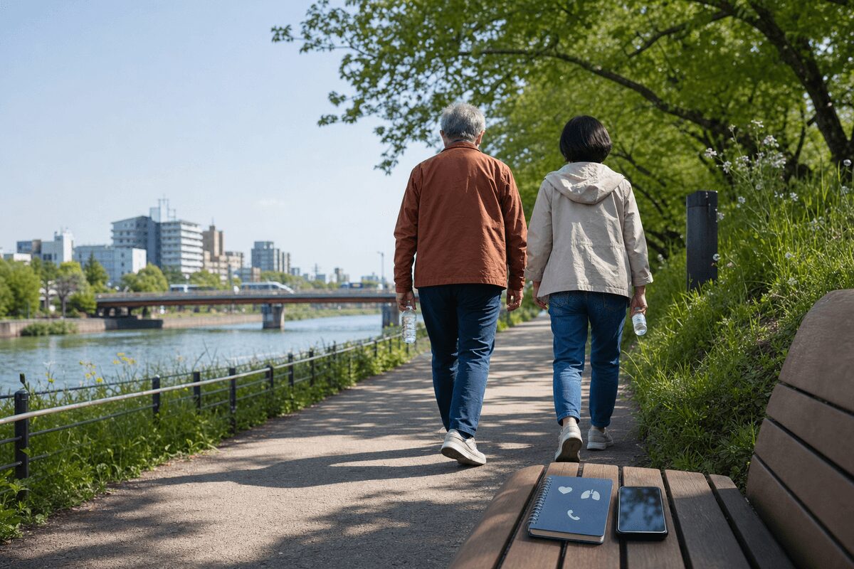 肺がん手術後の自宅生活で歩行と体調を記録するイメージ