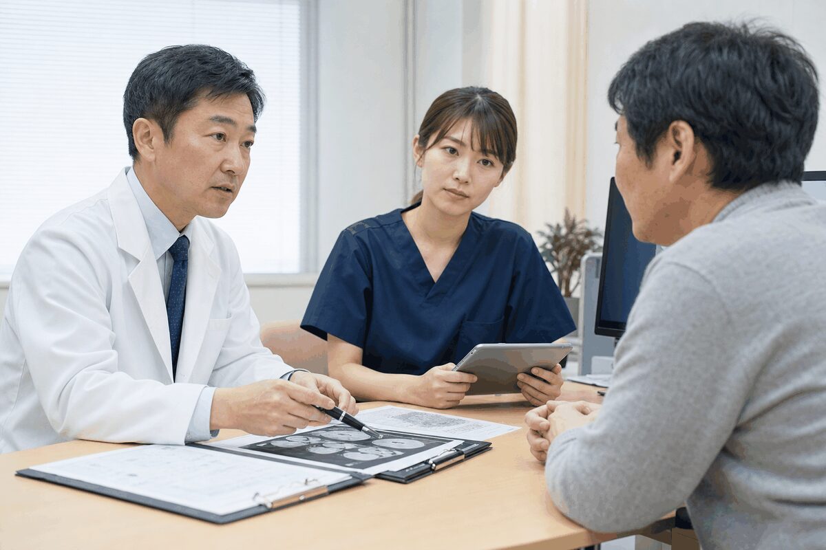 肺がんの検査結果と治療について医師や看護師に相談する患者