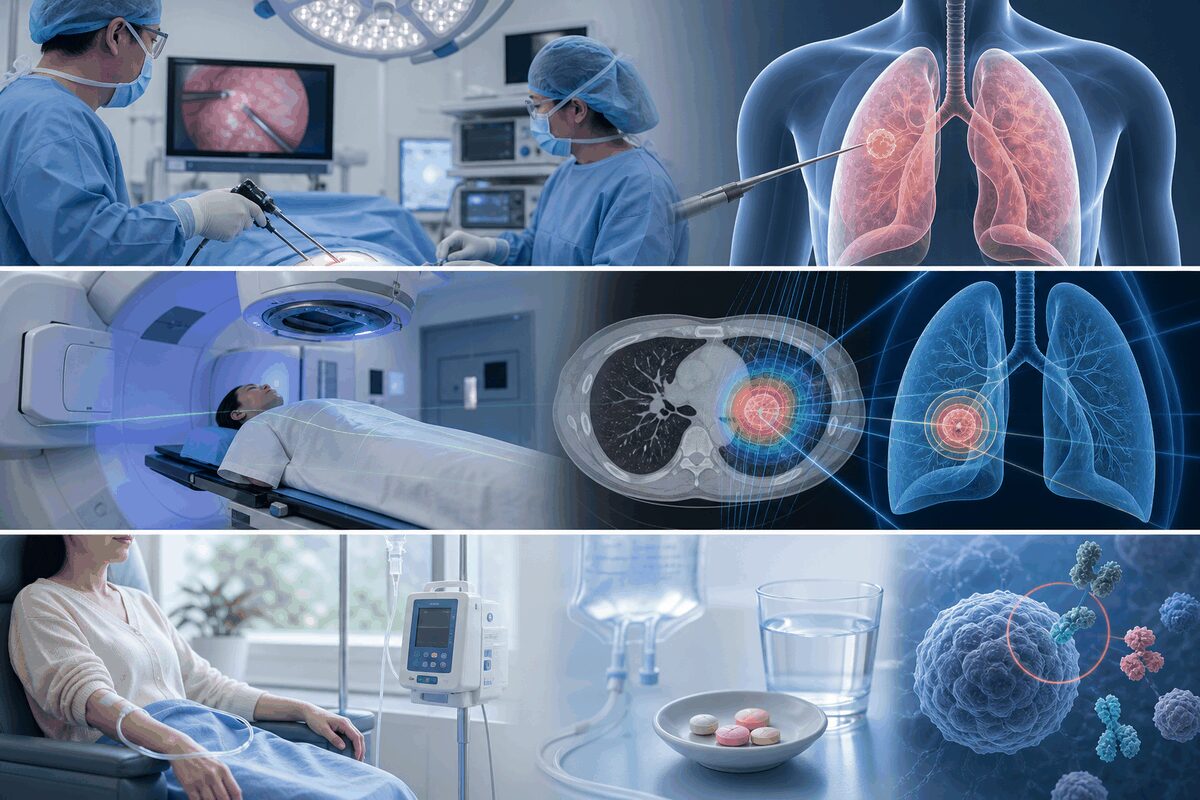 肺がんに対する手術、放射線治療、薬物療法のイメージ