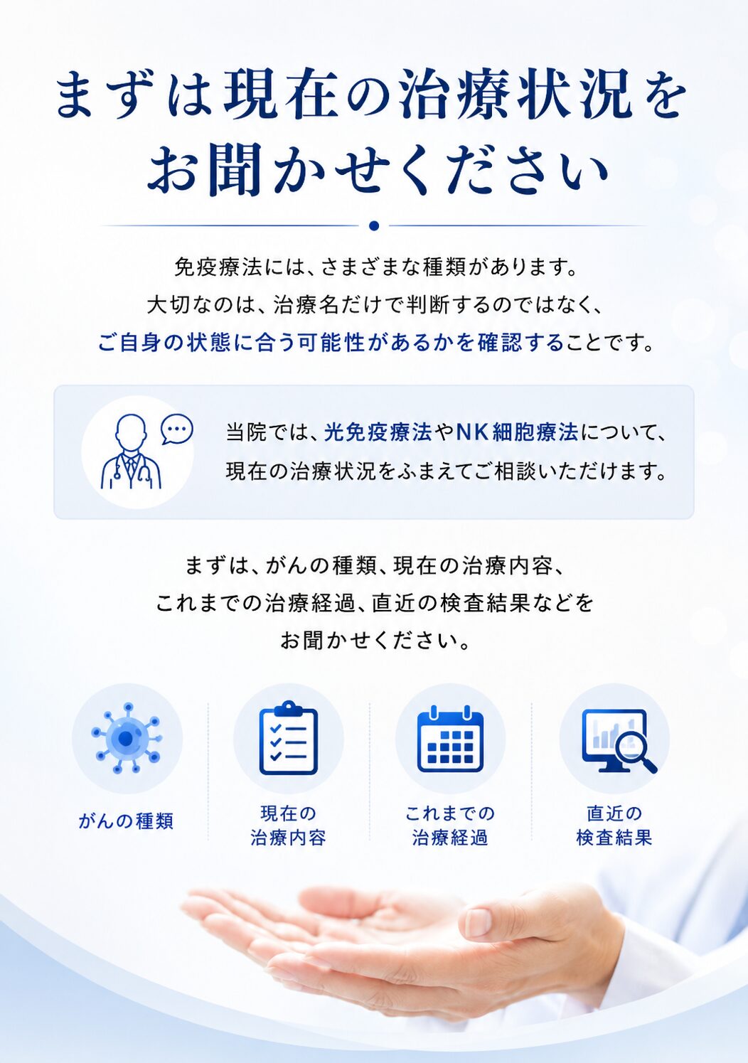 免疫療法を相談する前に確認するがんの種類、現在の治療内容、治療経過、検査結果