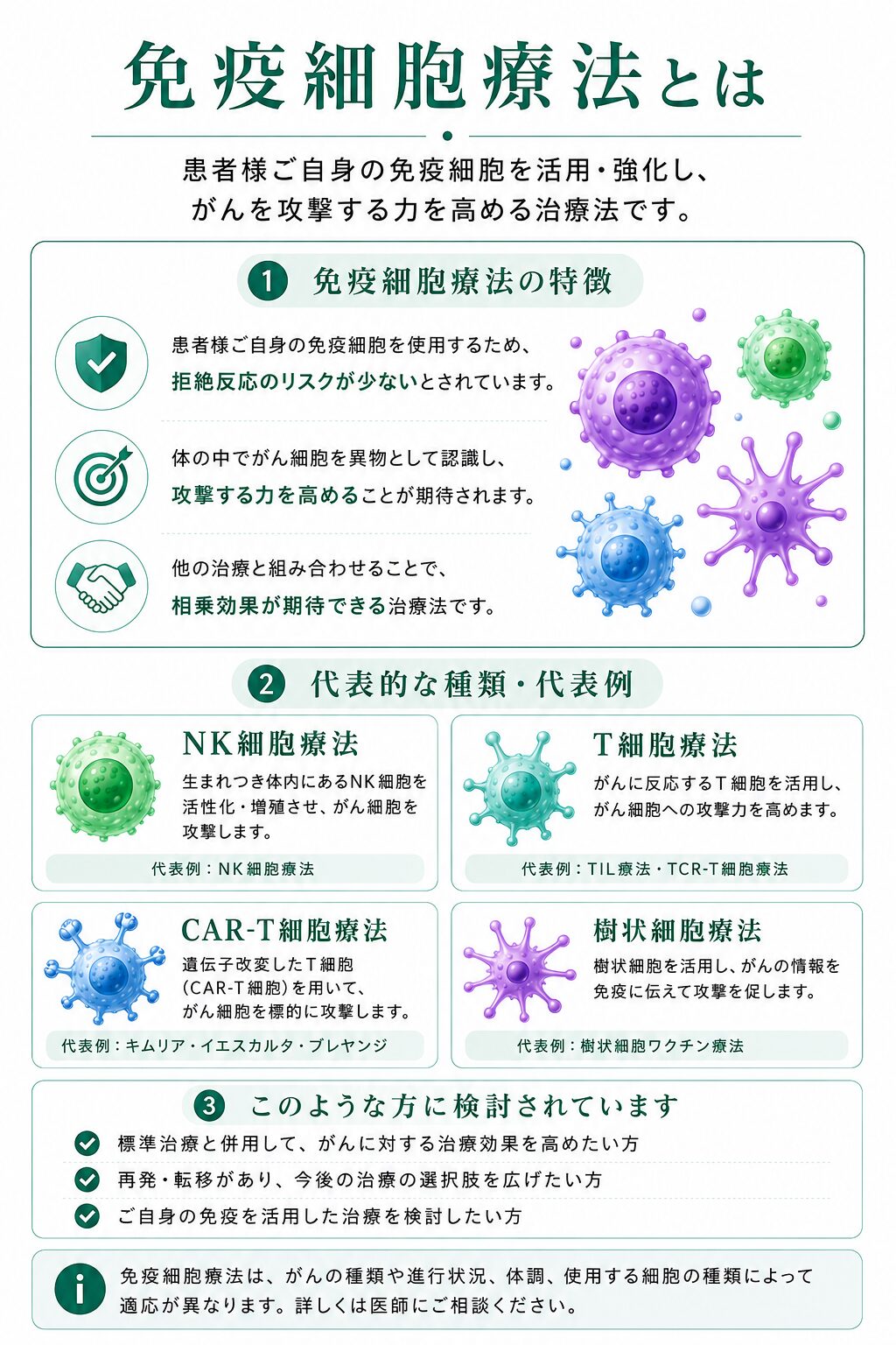 免疫細胞療法の特徴とNK細胞療法、T細胞療法、CAR-T細胞療法、樹状細胞療法