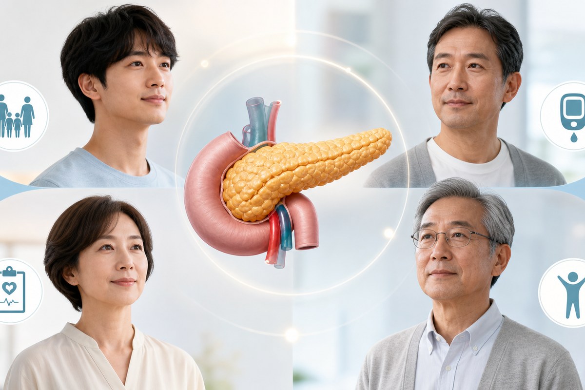 若年成人から高齢者まで年代別の膵臓がんの確認点を示す医療図解