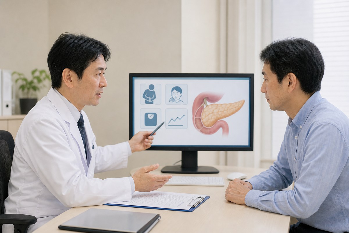 腹痛黄疸体重減少糖尿病の悪化など膵臓がんの受診目安を示す医療図解