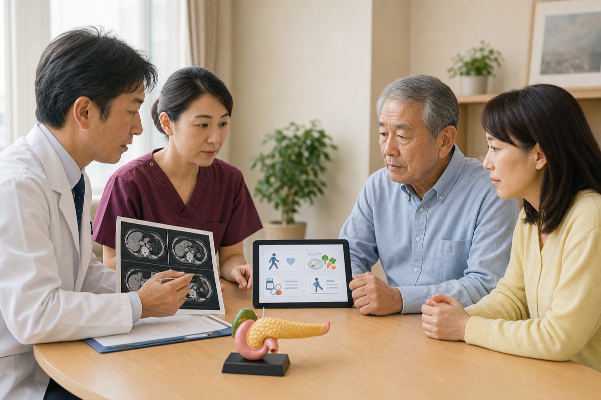 膵臓がんの年齢と治療の負担について医師に相談する高齢の患者と家族